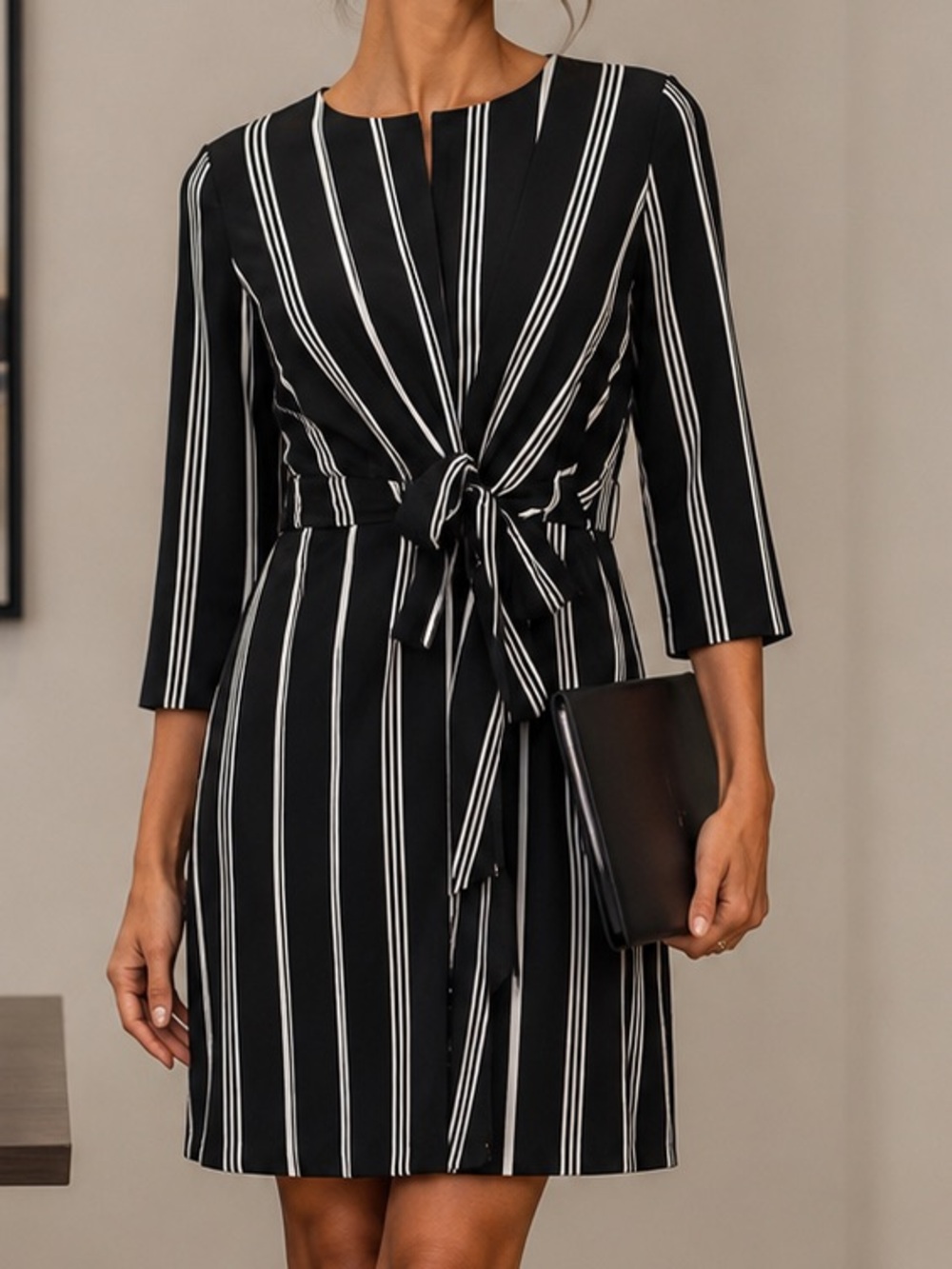 F&F Black and White Vertical Stripe Tie-Waist Wrap Long Sleeve Dress